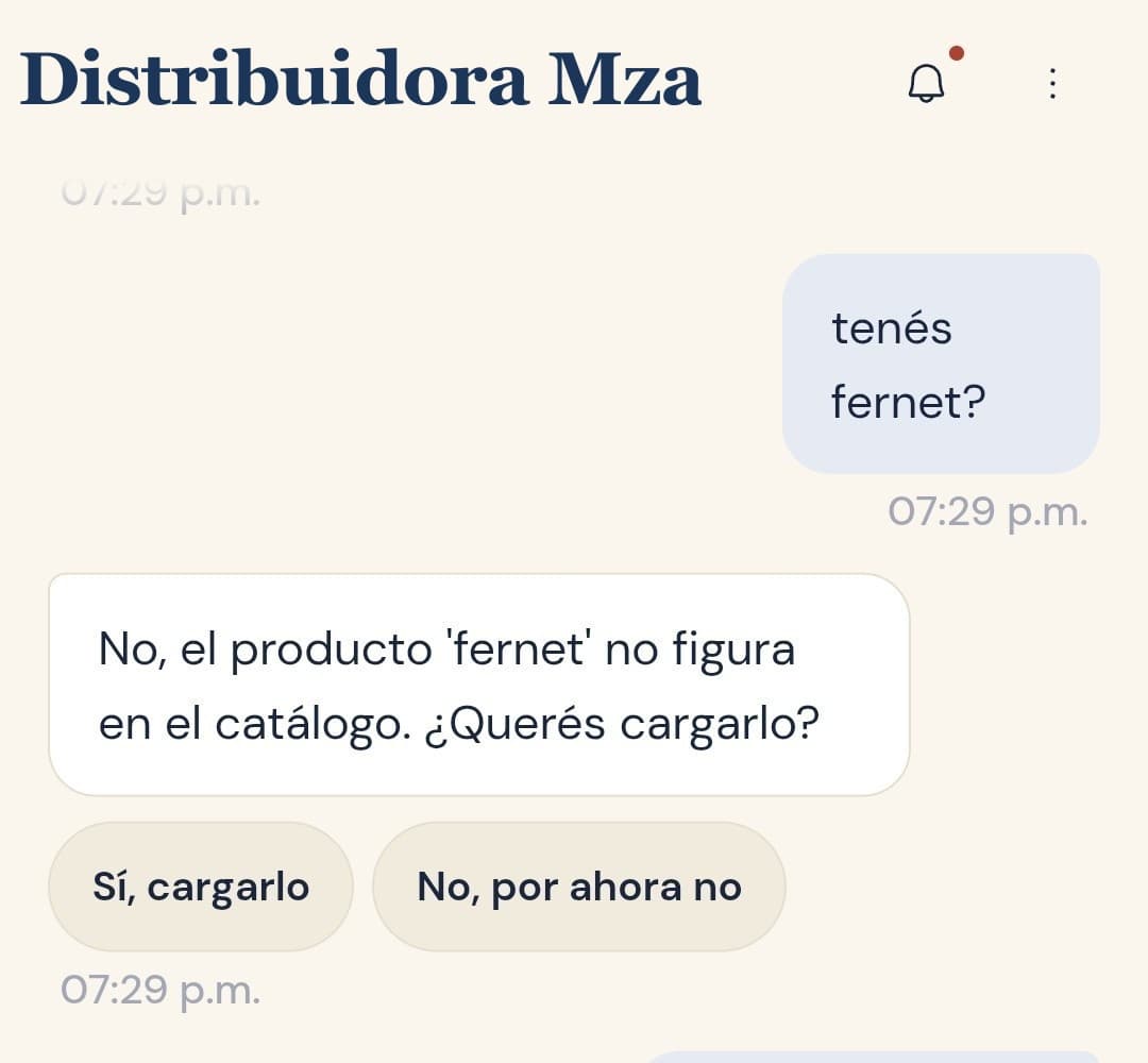 Velora en uso: el dueño pregunta por un producto y ve su catálogo en el chat