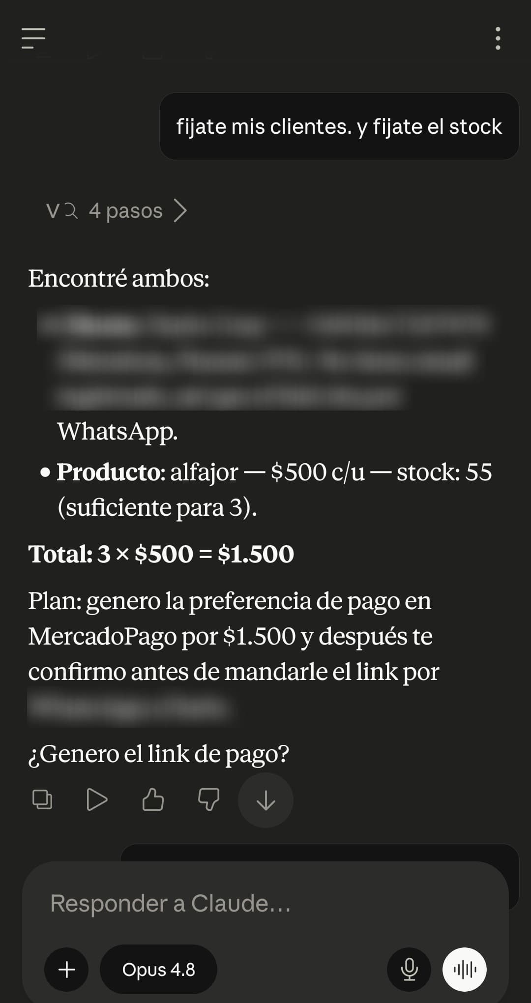 Claude vendiendo en Velora: encuentra al cliente, verifica el stock y genera el link de pago de MercadoPago