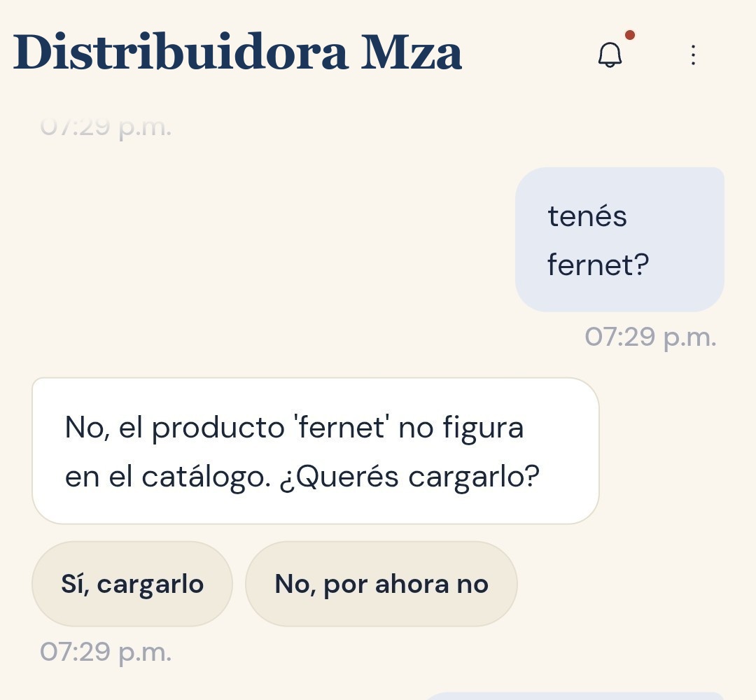 Velora en uso: el dueño pregunta por un producto y ve su catálogo en el chat