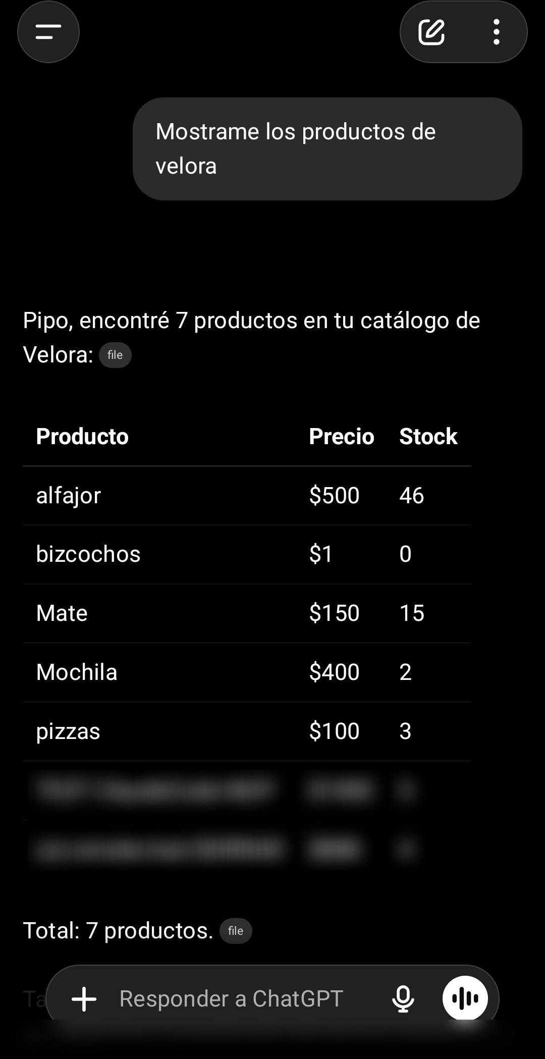 ChatGPT consultando el catálogo de Velora: lista de productos con precio y stock