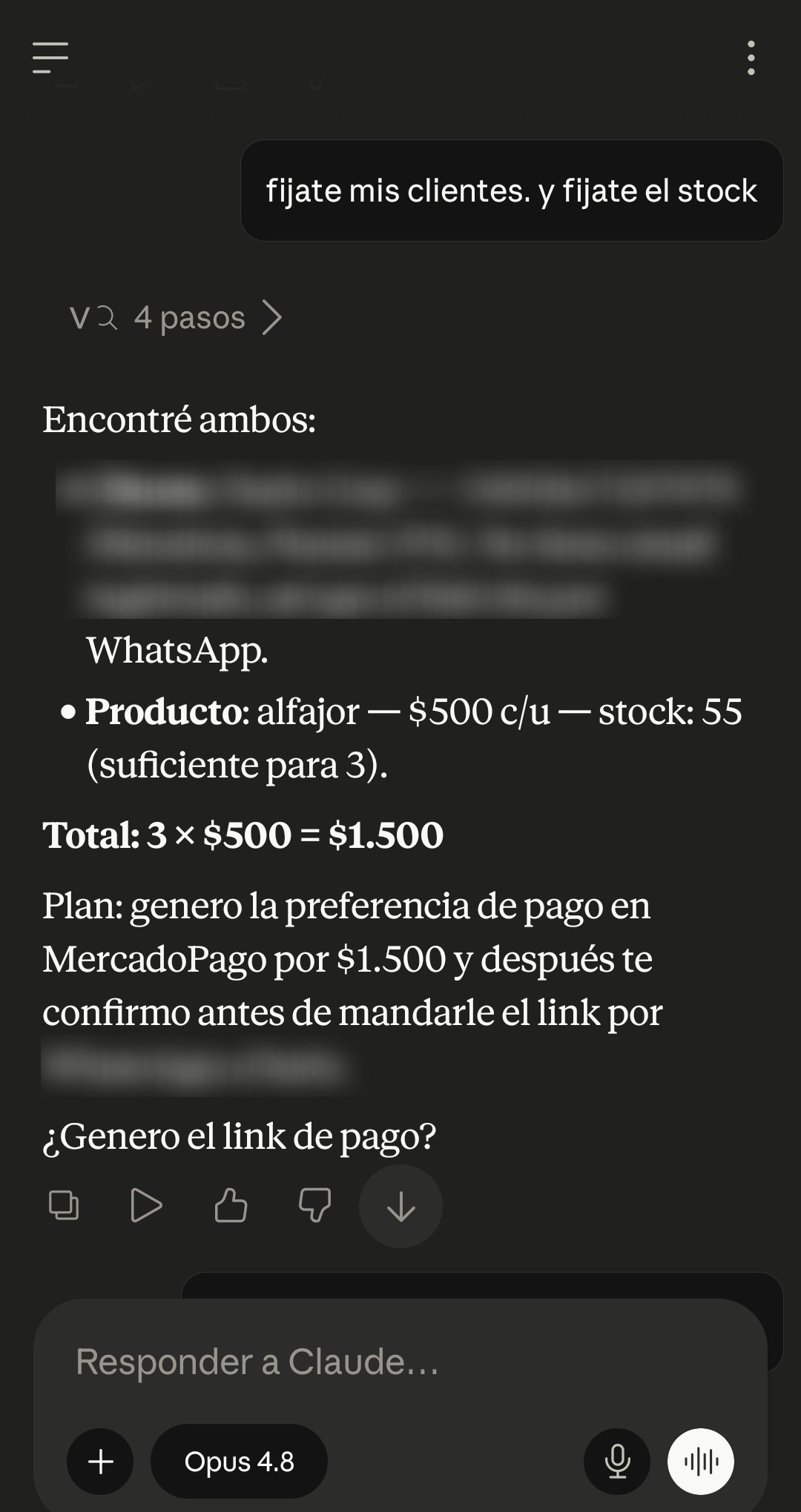 Claude vendiendo en Velora: encuentra al cliente, verifica el stock y genera el link de pago de MercadoPago